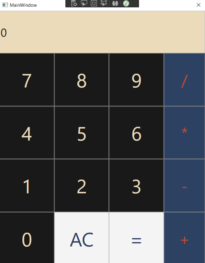 Calculator with a TextBox on top and below a number block 0-9 an "AC" and an "=" button and buttons for mulitply, divide, subract and add on the right.