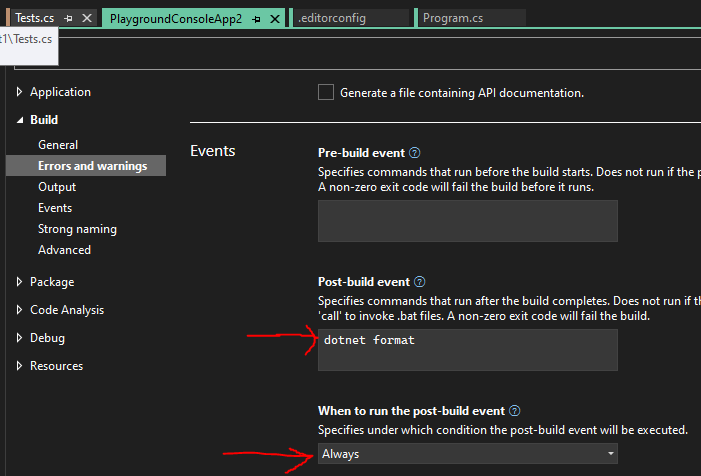 dotnet format post build event