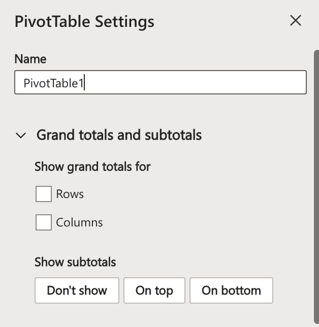 Pivot table settings