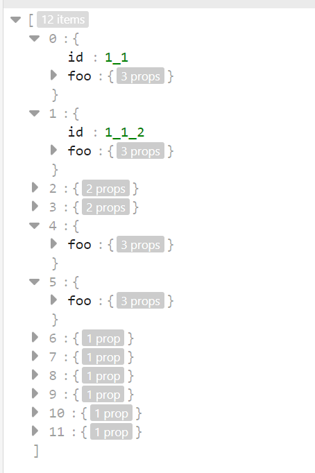 only the 4 first items contains id and foo but not all their foo value only one