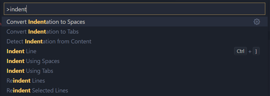 Indentation options from command pallete