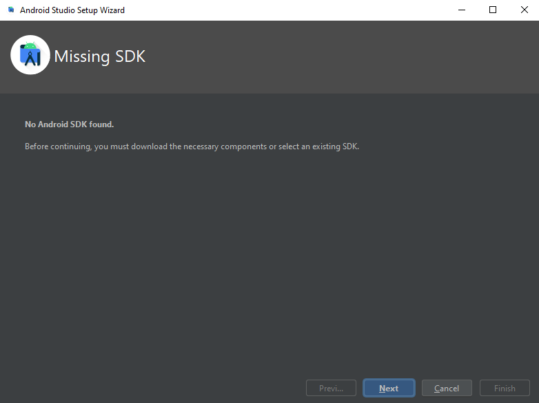 The image says that "Before continuing, you must download the necessary components or select an existing SDK