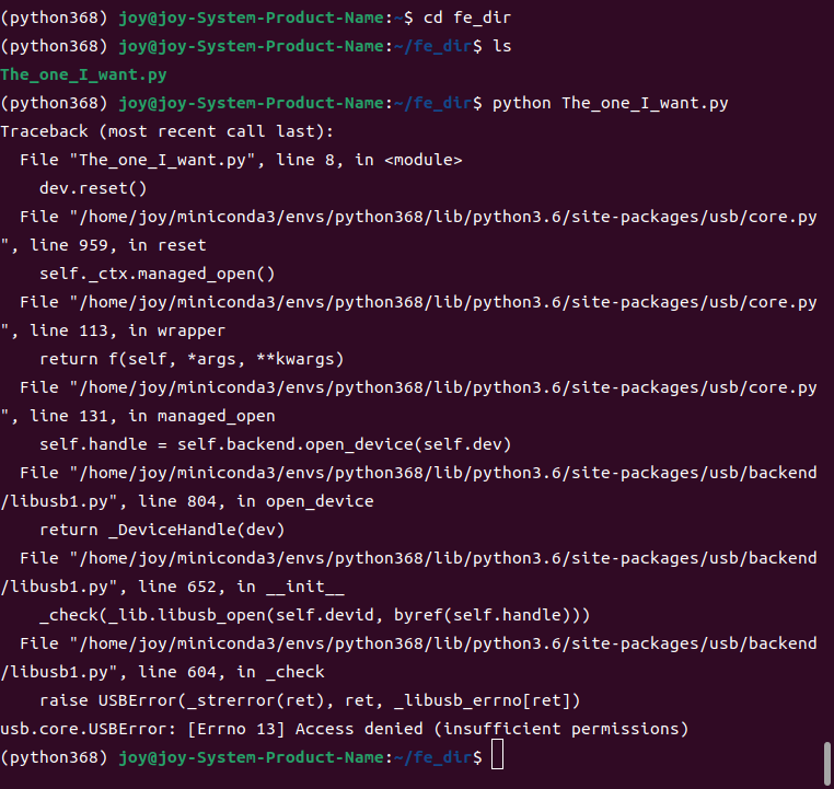 the output from linux command (usb.core.USBError: [Errno 13] Access denied )
