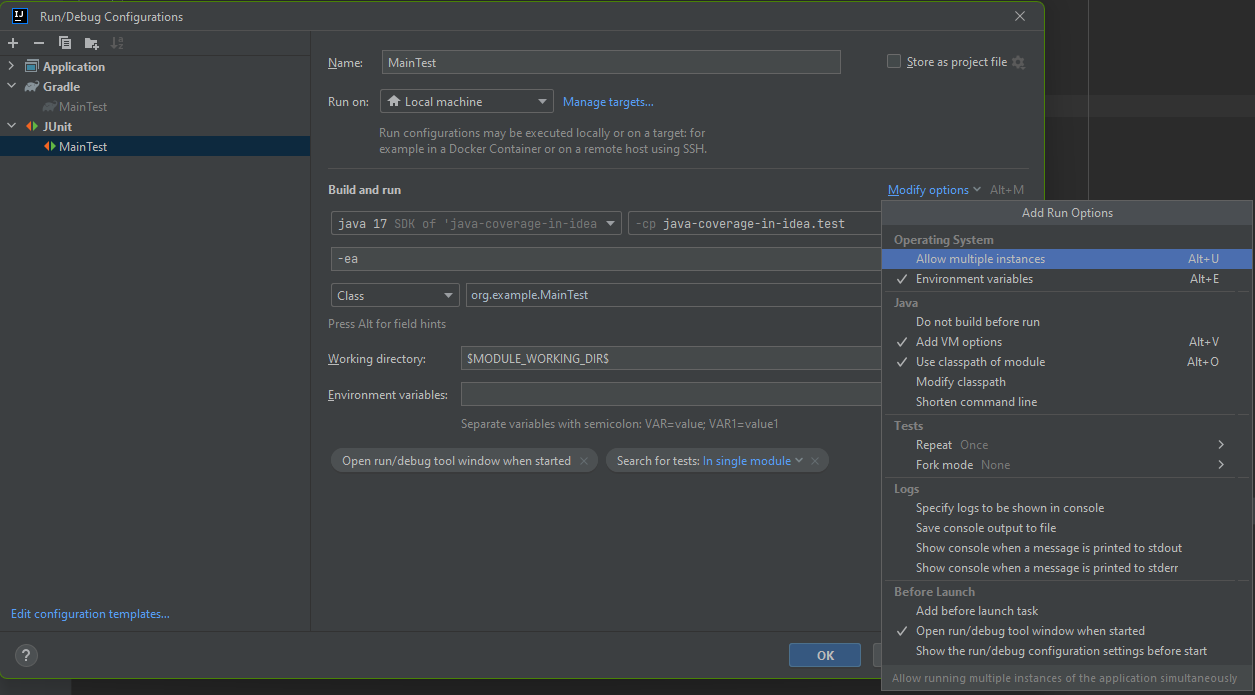 JUnit run configuration