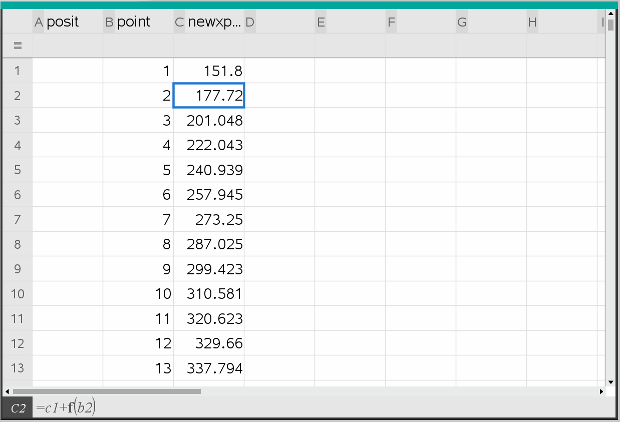 Spreadsheet of values (look at bottom of image for code in cells)