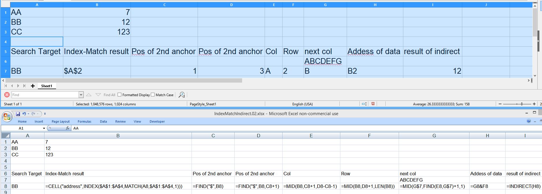 Data in sheet and flipped to see formulas