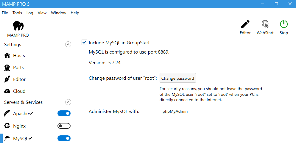 MySQL settings in MAMP PRO 5