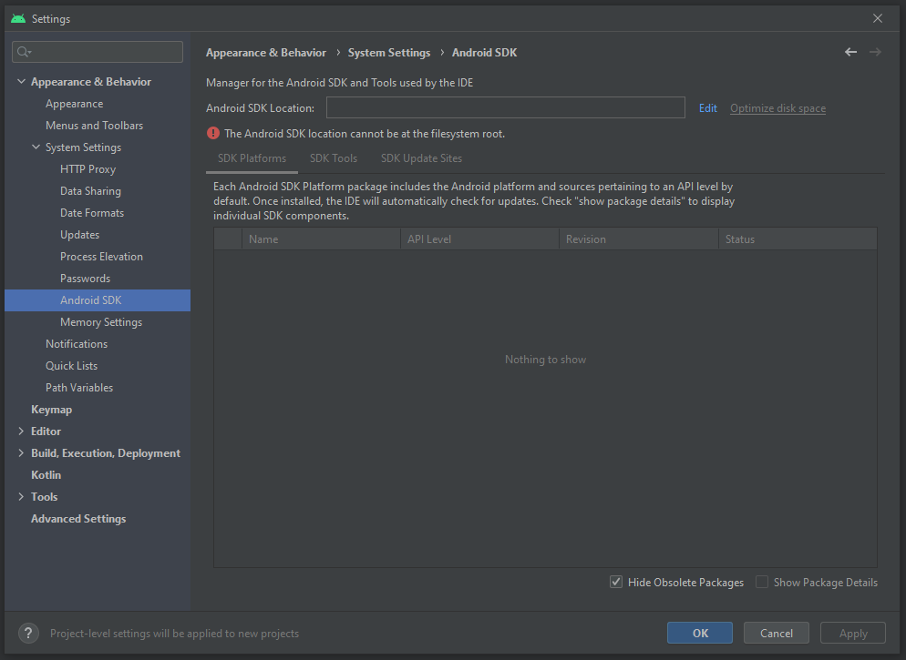 Image of "Preferences > Appearance & Behavior > System Settings > Android SDK" saying that "The Android SDK location cannot be at filesystem root"