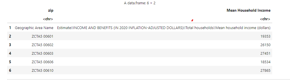 Image of data frame with ZCTA and Zip