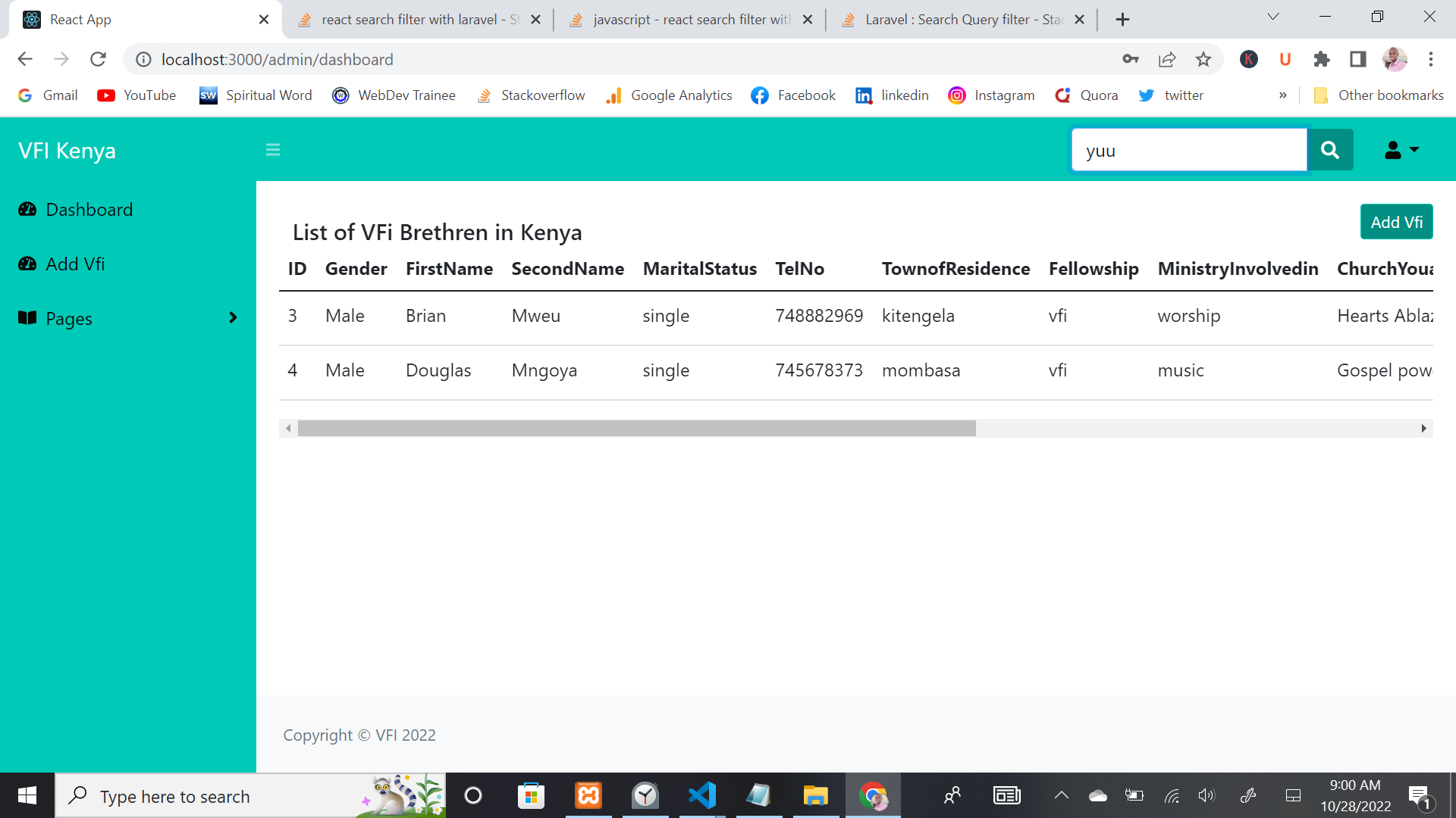 The table vfis with the search form