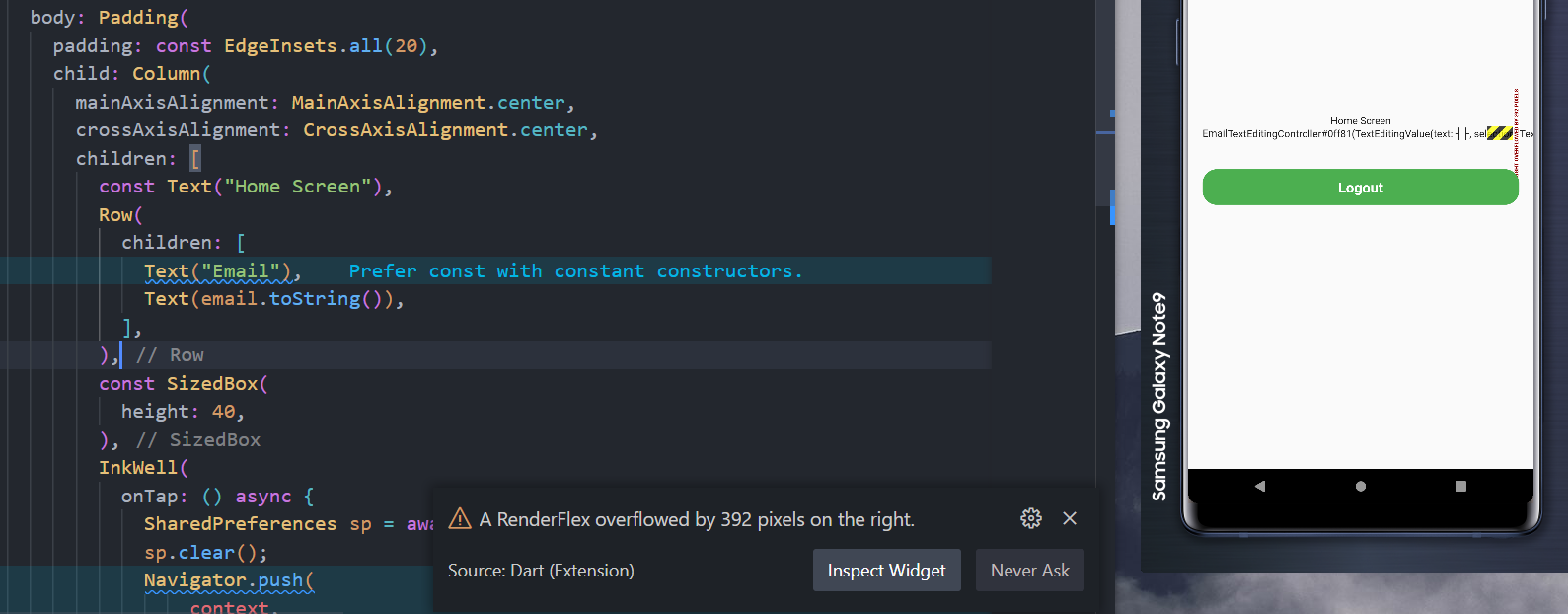 When writing Text(email.toString() - it gives error of RenderFlex overflowed