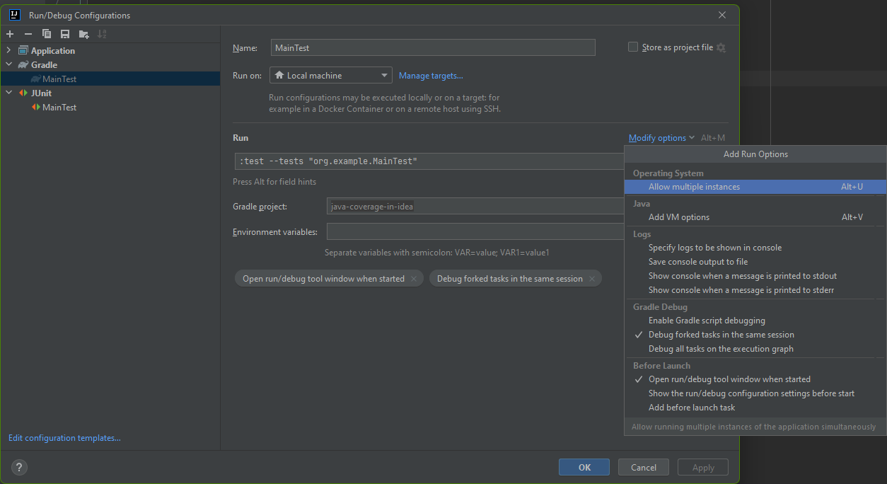 Gradle test run configuration