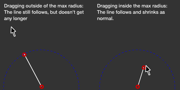 Image showing the line being dragged, with a limiting arc where the drawing of the line stops, but the mouse can carry on.