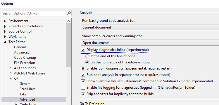 Display diagnostics inline