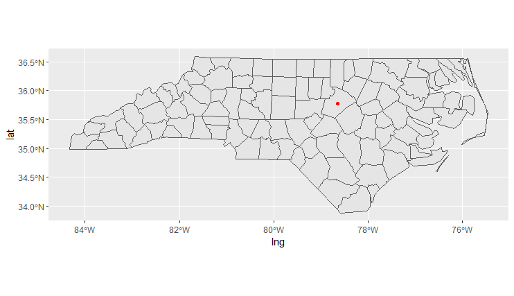 NC map with red point