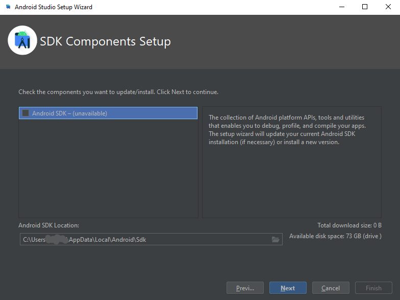 This image tells me that I need to click the checkbox to update or install the Android SDK, but it also says that this Android SDK installation/update is unavailable