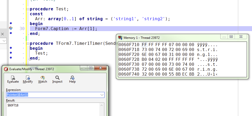 Screenshot of IDE with the memory pane displayed.