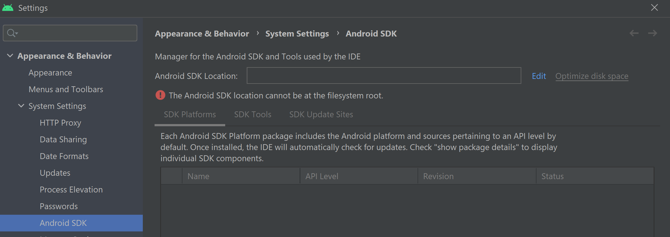 SDK Manager shows strange error abut filesystem root. Editing does nothing (leads to SDK showing as "Unavailable" for download)