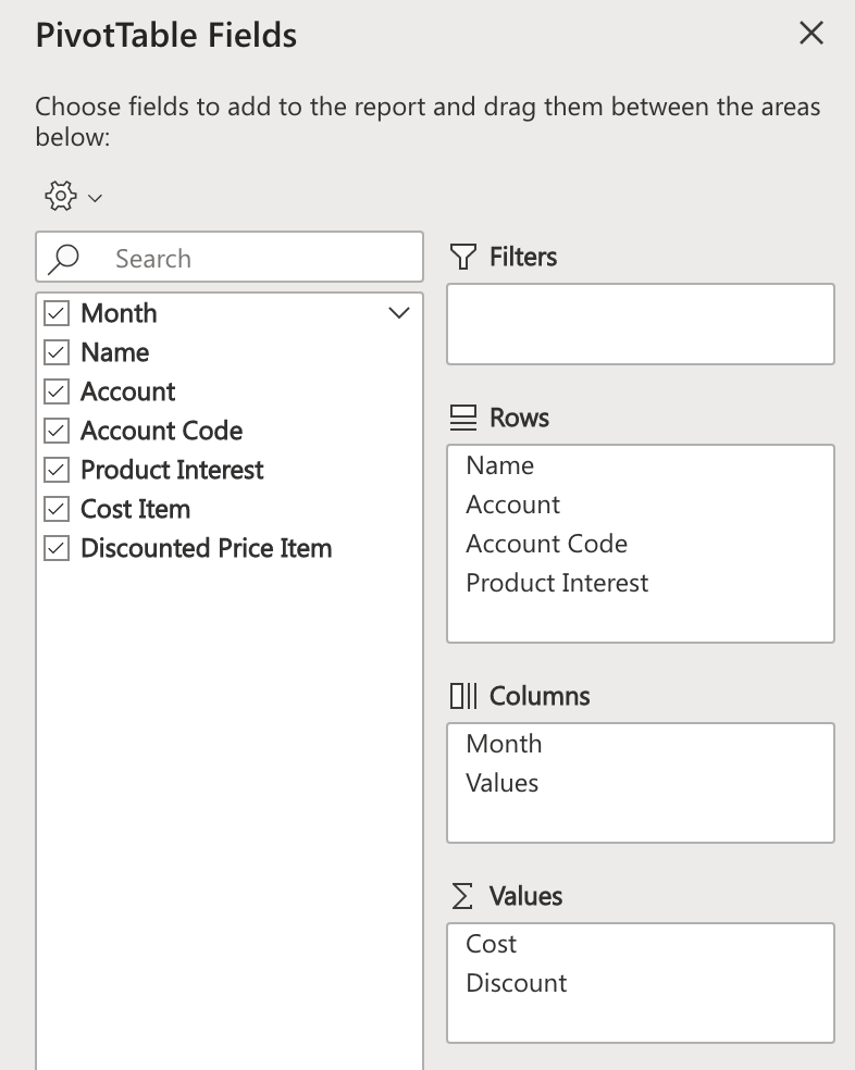 pivot table configuration