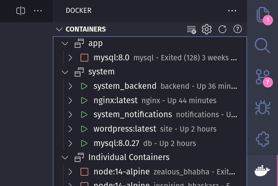 Docker extension's containers' tab