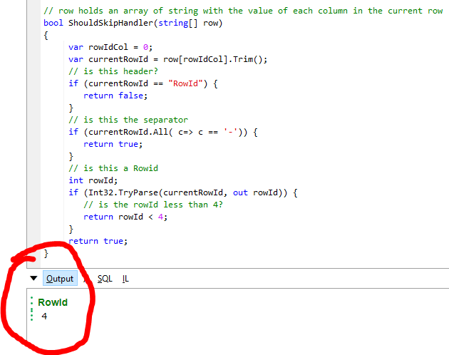 showing linqPad output with Header RowId and Value 4