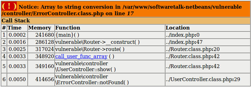 Stack trace output