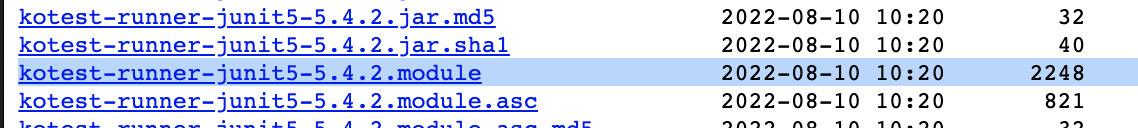 list of kotest-runner-junit5-jvm dependencies in Maven Central, with a file 'kotest-runner-junit5-5.4.2.module' highlighted