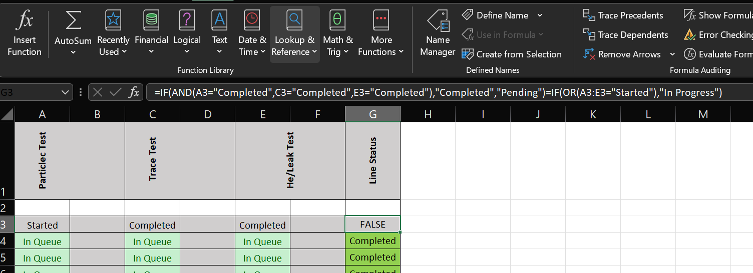 Cell G3 with a FALSE value, not sure how to put together this formula