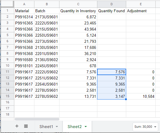 sheet 2 where inventory snapshot is pasted and adjustments are calculated