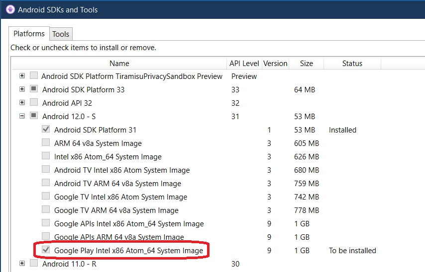 Install the Google play Atom System Image