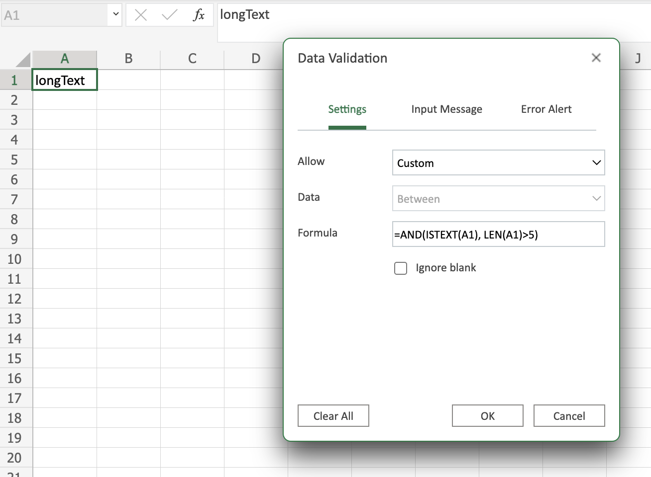 Excel Data Validation Window