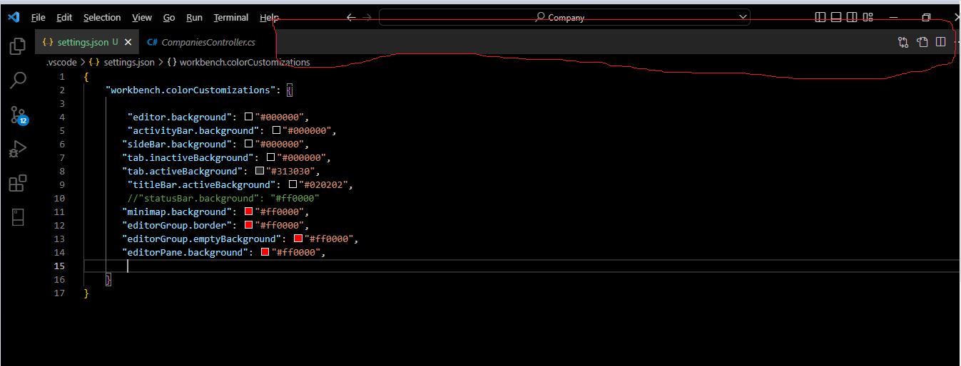 Image showing the marked area in Visual Studio Code that needs it's color changed