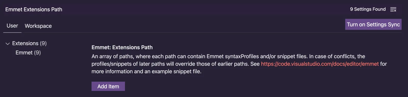 Search for Emmet Extensions Path