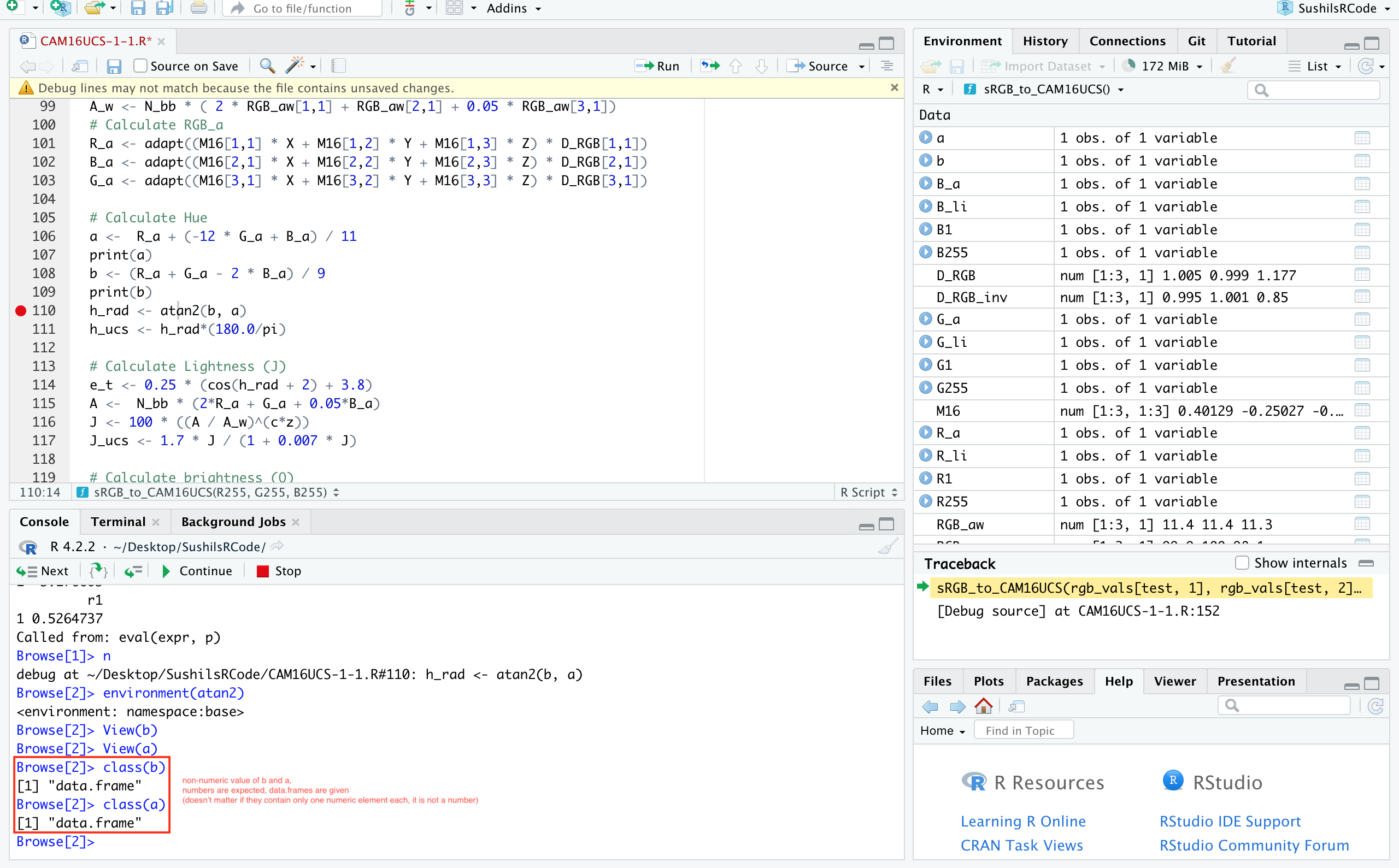 Screenshot of RStudio's debugger used for solving this issue