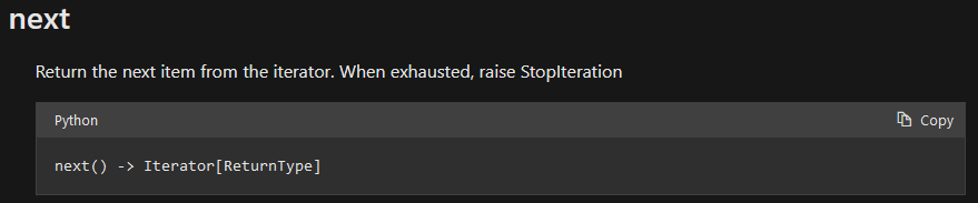 Screenshot of documentation explaining that StopIteration is raised when no more results