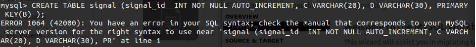 MySQL CREATE TABLE signal error 1064