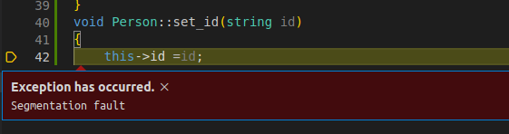 Screenshot showing segmentation Error at this->id = id of set_id(string) function of Person class