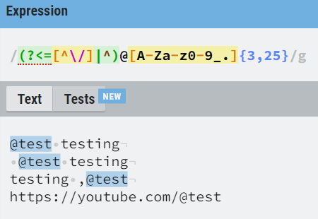 Screenshot of the above regular expression being checked against the provided test cases.