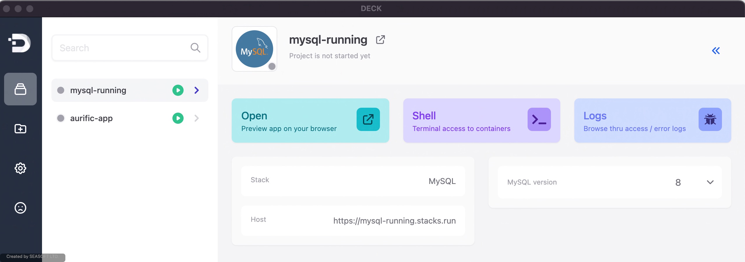 screenshot of the deck app with mysql instance