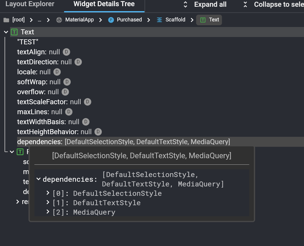 Hover over dependencies to see the DefaultTextStyle