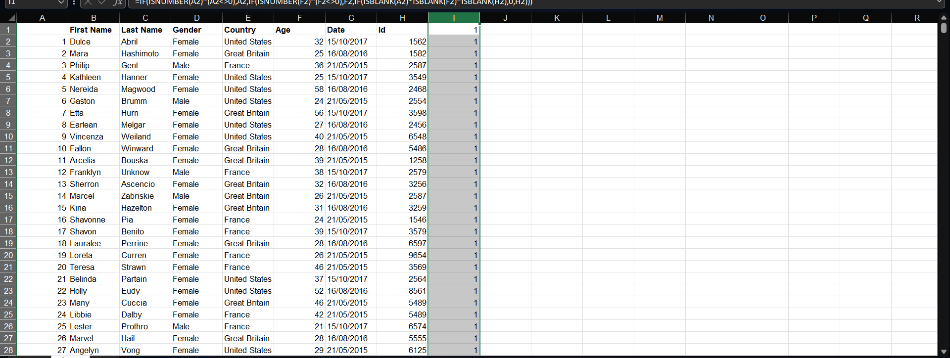 output result in column I