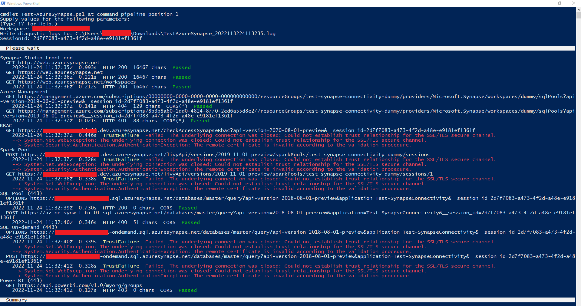 [![Synapse Connection Test Script Output](https://i.stack.imgur.com/36kqT.png)](https://i.stack.imgur.com/36kqT.png)