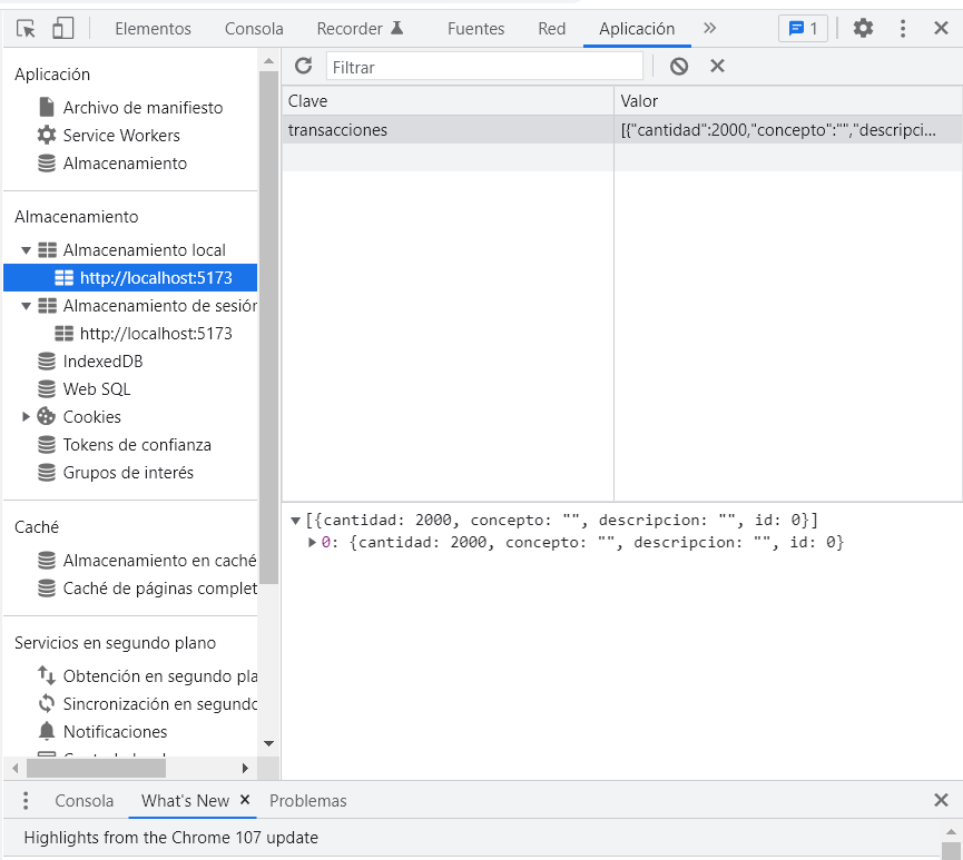 Local storage with 'transacciones' array in it