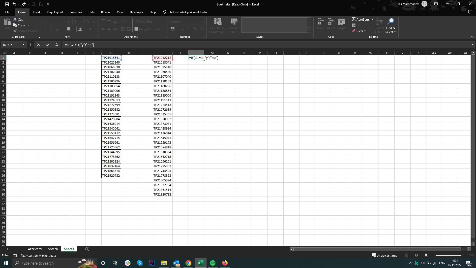 my function, I brought two different tp numbers to one sheet to compare