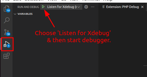 start debug mode in VS code to listen for Xdebug