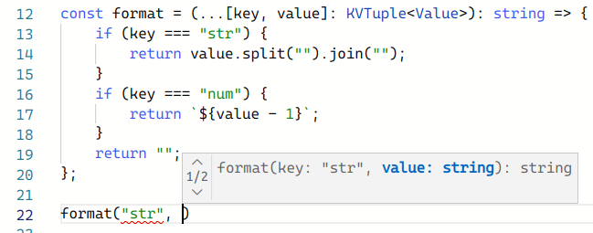 TypeScript playground showing a call to format being written with the key set to "str" and a type hint showing the type of value is string