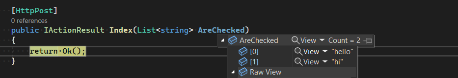 controller parameter list showing checked items values