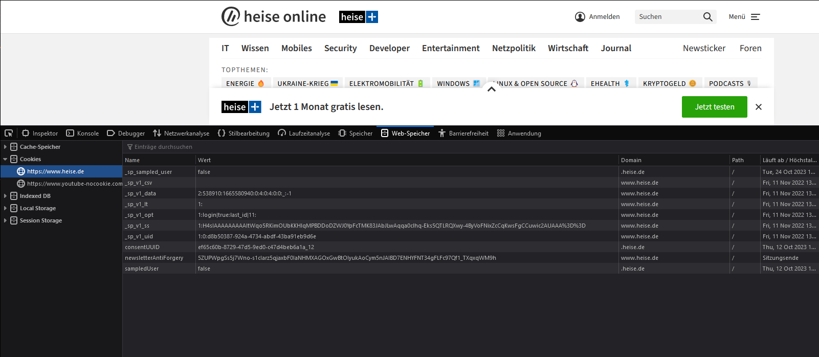 screenshot from heise.de showing some cookies