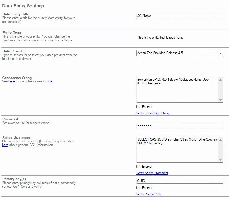 SQL table ODBC entity settings