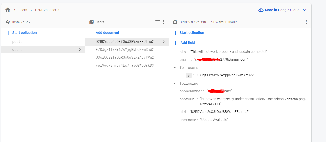 This is the firebase firestore database screenshot